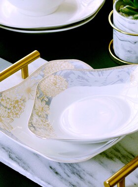 【金边方盘】家用陶瓷饭盘碟子个装菜盘菜碟果盘可微波炉餐具