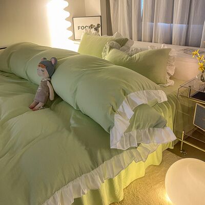 韩式少女心柔软水洗棉oins绿色花边床上四件套宿舍床单被套三件套
