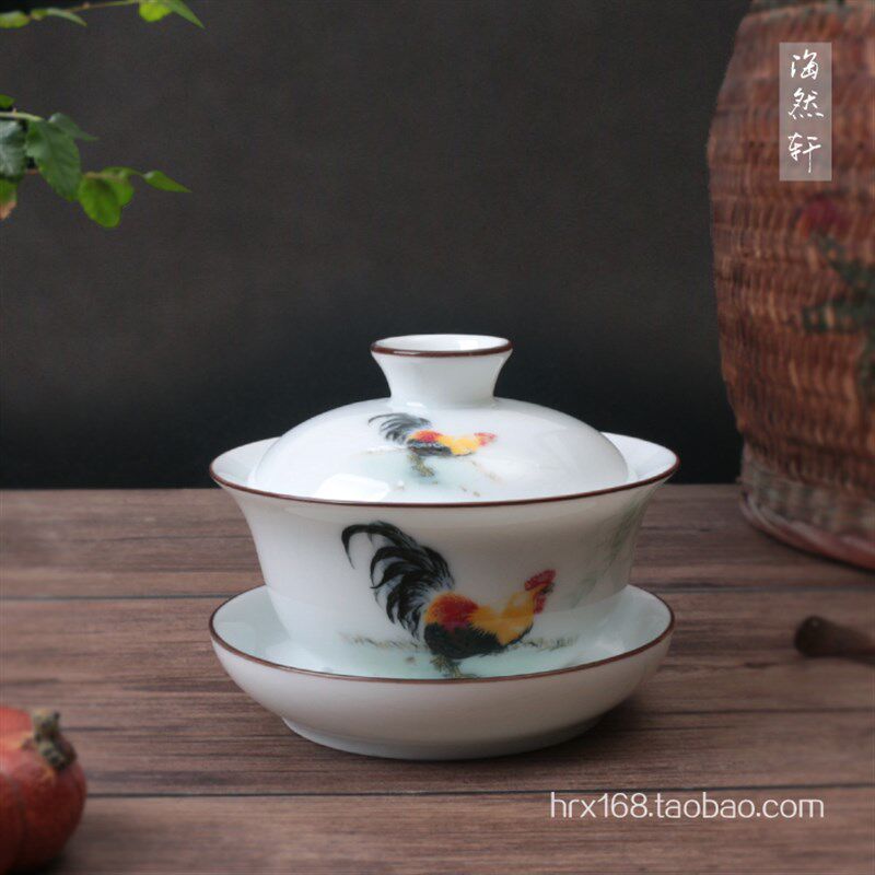 潮州功夫茶具 釉中彩公鸡盖碗 三才碗 三才杯 陶瓷茶碗 功夫茶具