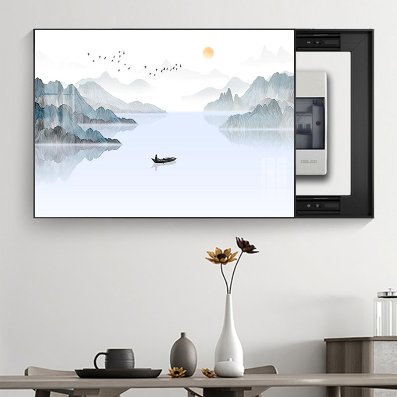 新中式电表箱画免打孔墨风景客饭厅挂画强弱遮挡画
