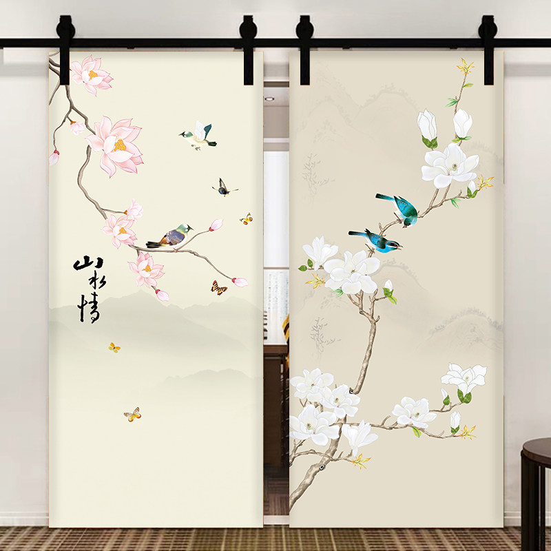 清新古门贴纸自粘墙贴中式玄关画茶馆门贴纸中国风花鸟