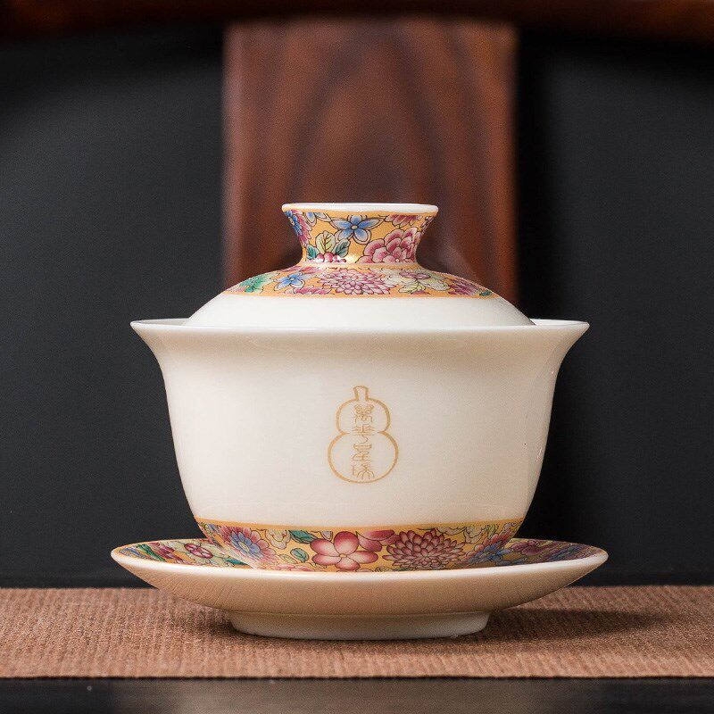 珐琅彩三才盖碗功夫茶碗茶杯彩绘陶瓷扒花茶具装单个敬茶碗
