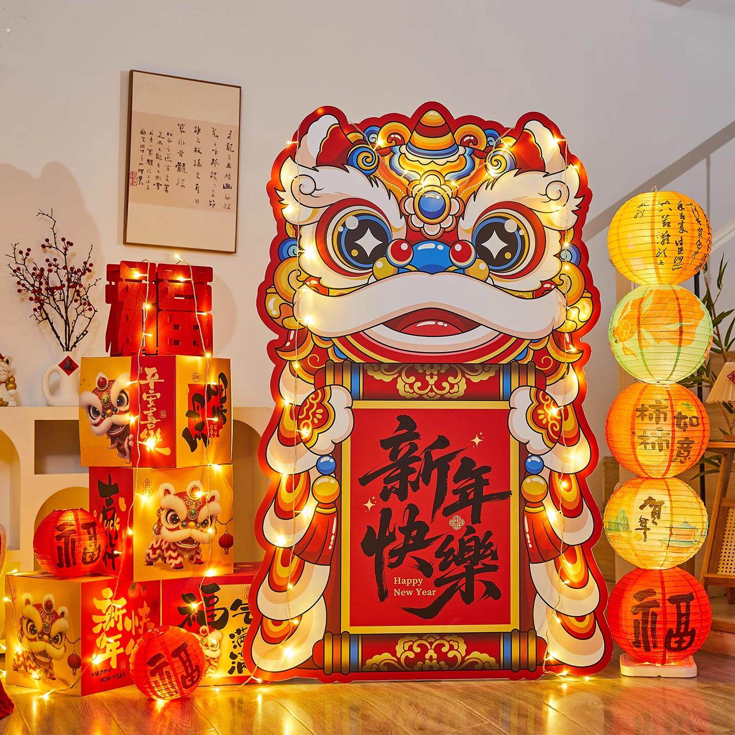 2026新年装饰过马年春节醒狮舞狮美陈大摆件过年氛围场景布置灯笼图片