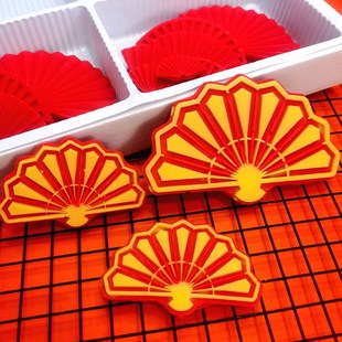 中国风蛋糕装饰半圆大红色折扇喜庆老人祝寿甜品蛋糕烫金扇子装扮