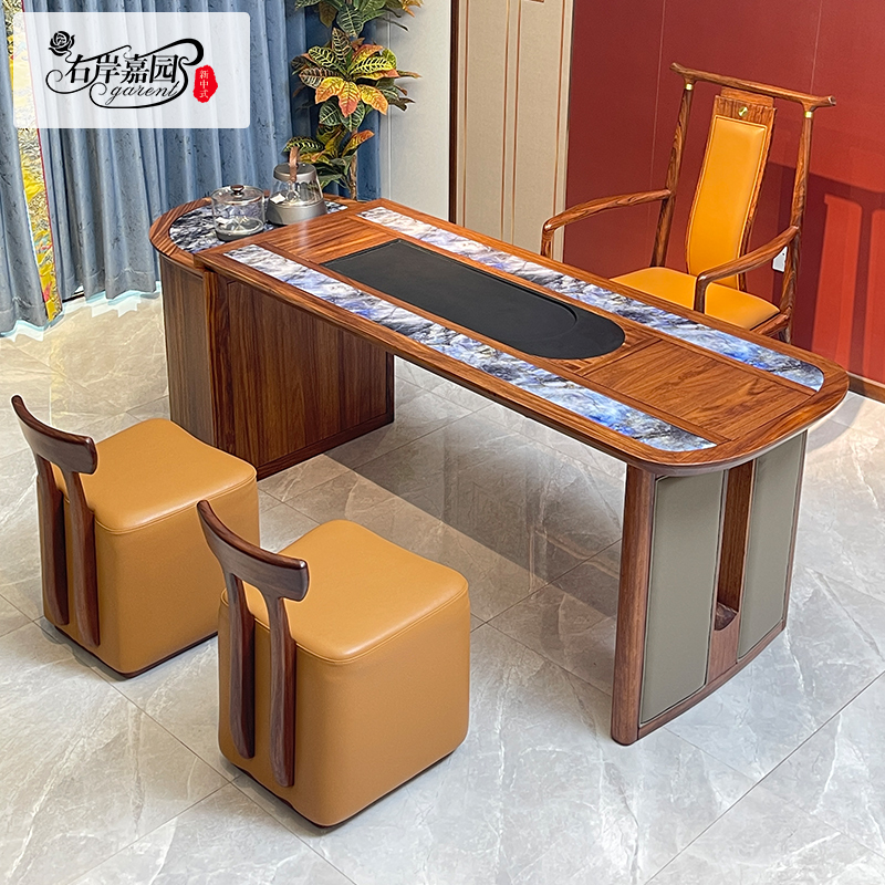 新中式轻奢全实木2米泡茶桌高端黑檀木大户型茶台桌子家具 MS001