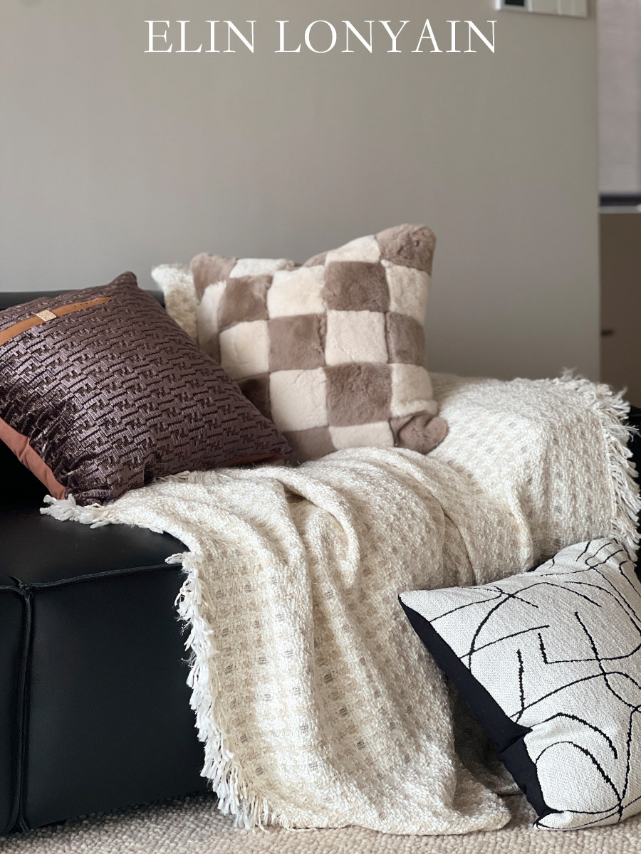 E NY现代简约黑色沙发米咖色系靠垫抱枕样板房沙发方枕