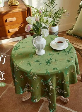 金丝竹叶绿色圆桌桌布餐桌布复古中式风方桌桌布