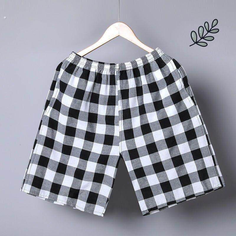 加码男子睡裤夏季短裤纯棉宽松薄棉休闲格纹沙滩裤家中裤