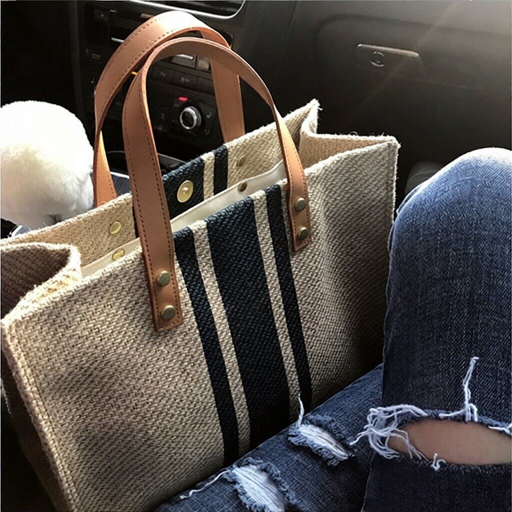 韩版条纹帆布通勤大包