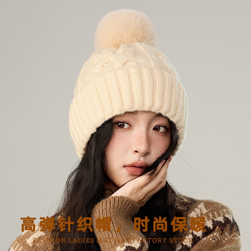 冬季新款女复古麻花毛球针织帽子学生户外防风保暖加绒加厚毛线帽