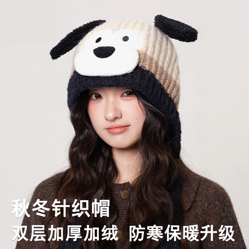 可爱卡通护耳针织帽学生加绒加厚毛线帽大头围女户外防风保暖帽子