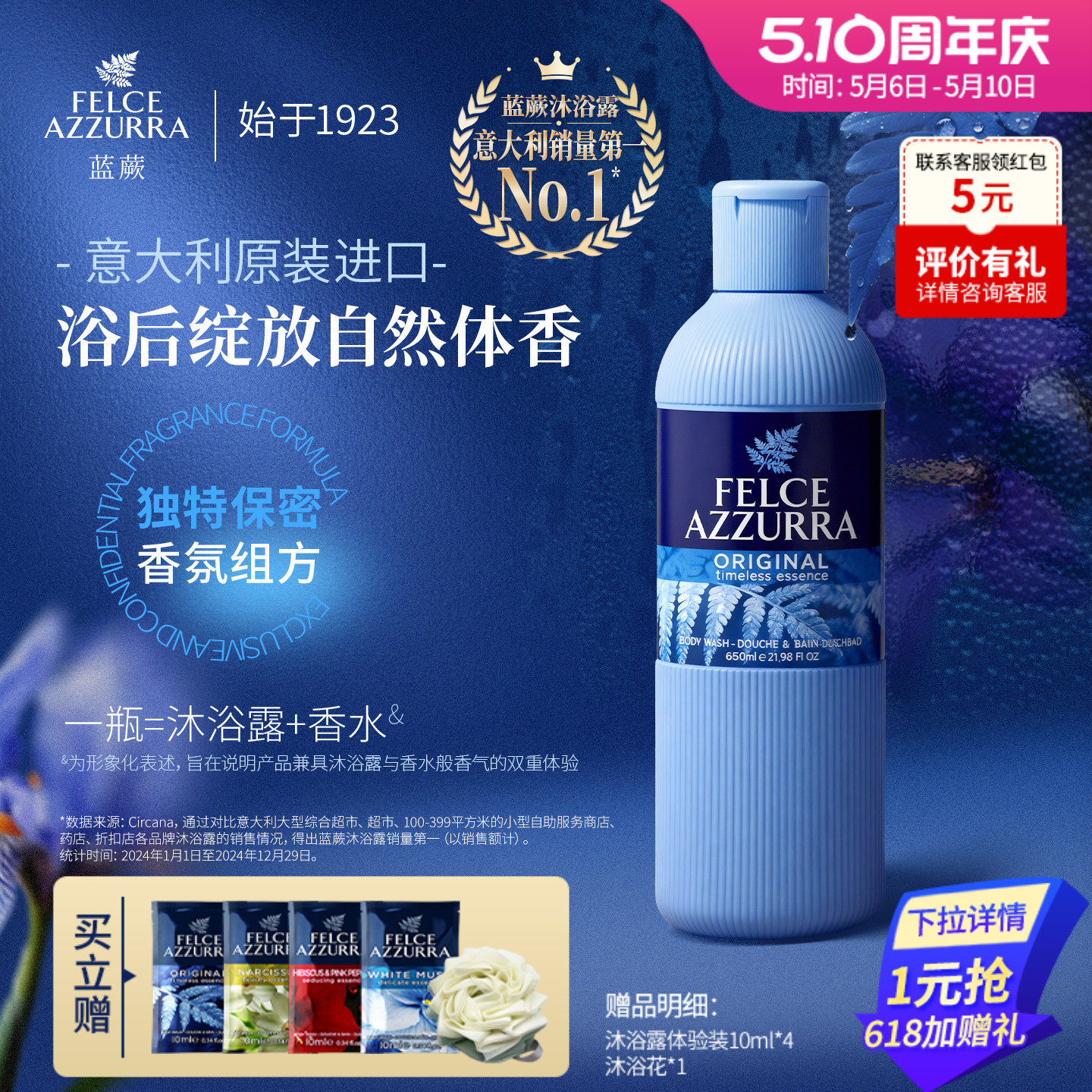 意大利原装进口蓝蕨香水级香氛沐浴露持久留香祛异味清爽薄荷啫喱