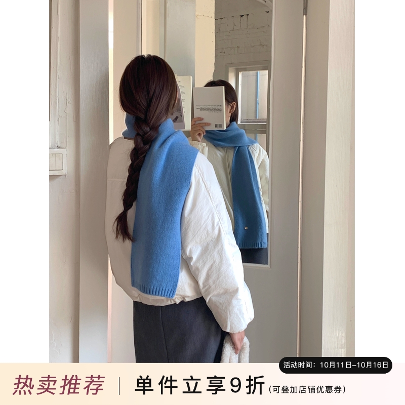 定制款蓝色纯羊毛围巾女秋