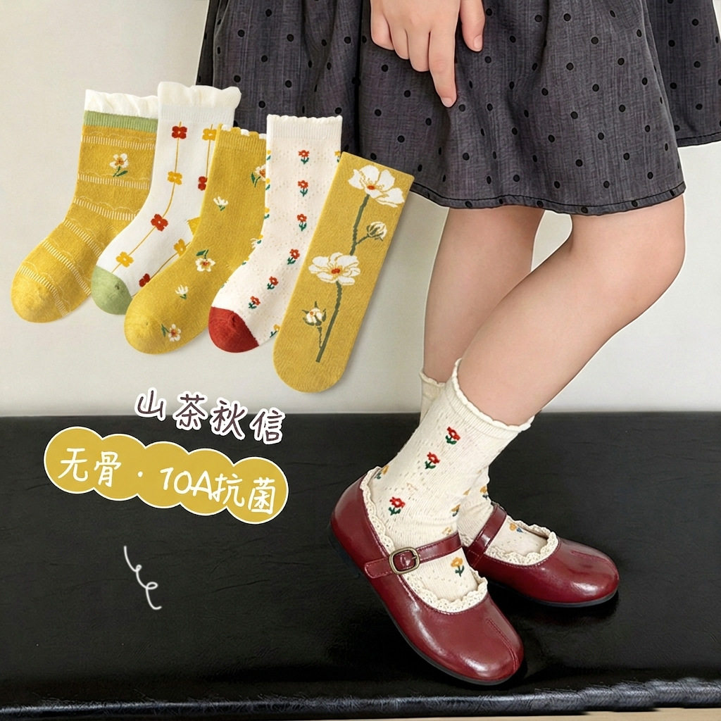 女童袜子春秋日系中筒袜花边花朵复古秋冬季抗菌无骨森系儿童袜子