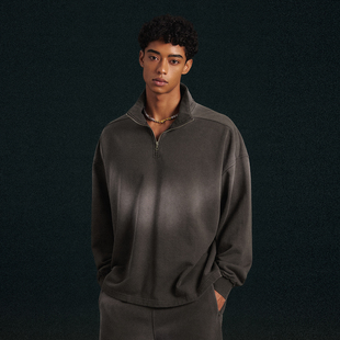 美式 高克重扎染做旧渐变半拉链立领卫衣复古重磅465G硬挺立领上衣