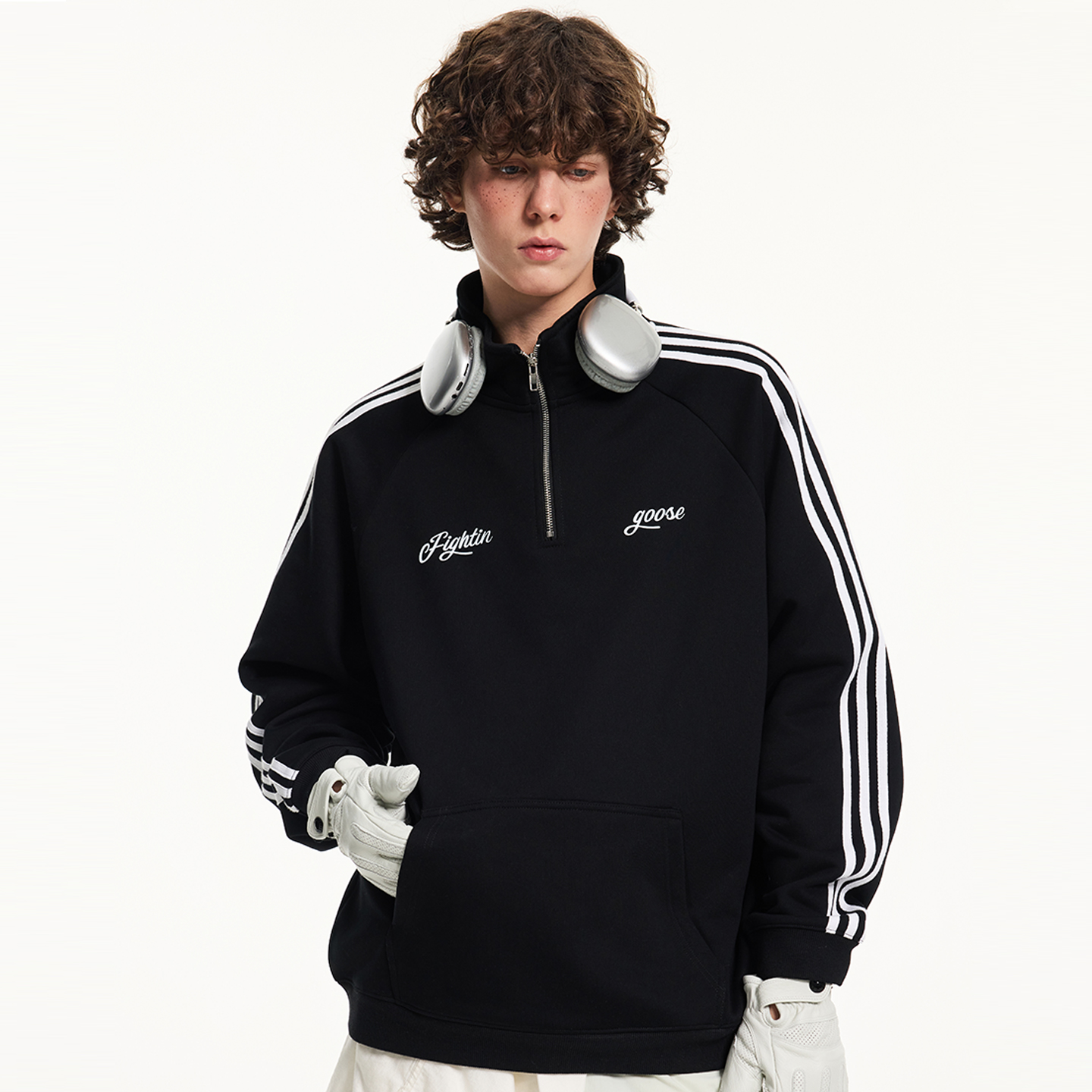 美式复古运动风立领半拉链卫衣