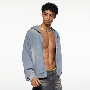 型开衫 复古水洗泼墨做旧双拉链卫衣男款 boxy版 高街重磅短款 美式