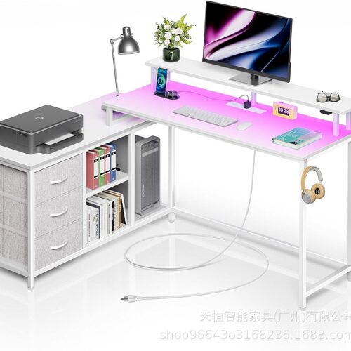 七桌电脑桌带电源插座和LED灯双面L形书桌带三个抽屉写字台