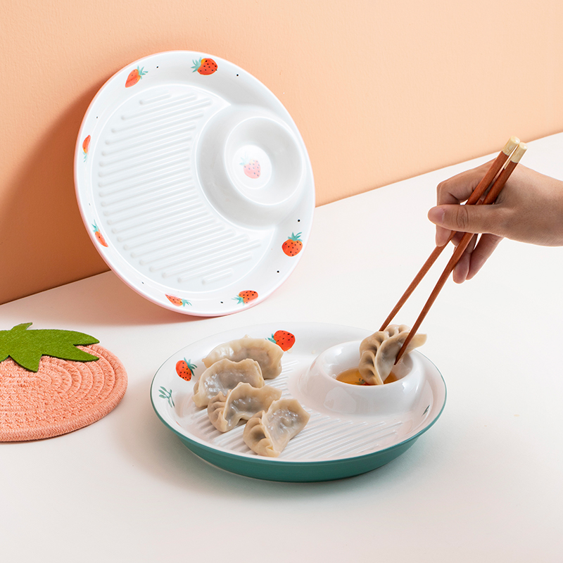 米立风物饺子盘带醋碟家用餐具小清新陶瓷薯条分隔盘圆形水饺盘子