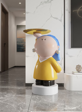 带珍珠耳环的少女客厅电视柜沙发旁边大型卡通床头落地灯装饰摆件