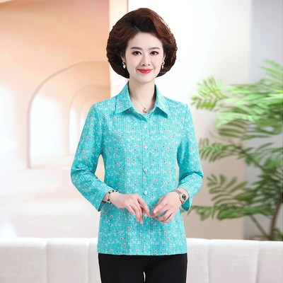 妈妈洋气雪纺衬衫中年女夏装五六十岁九分袖上衣中老年长袖衬衣薄