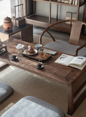 新中式席地茶桌黑胡桃实木禅意榻榻米阳台茶室茶桌椅家具组合