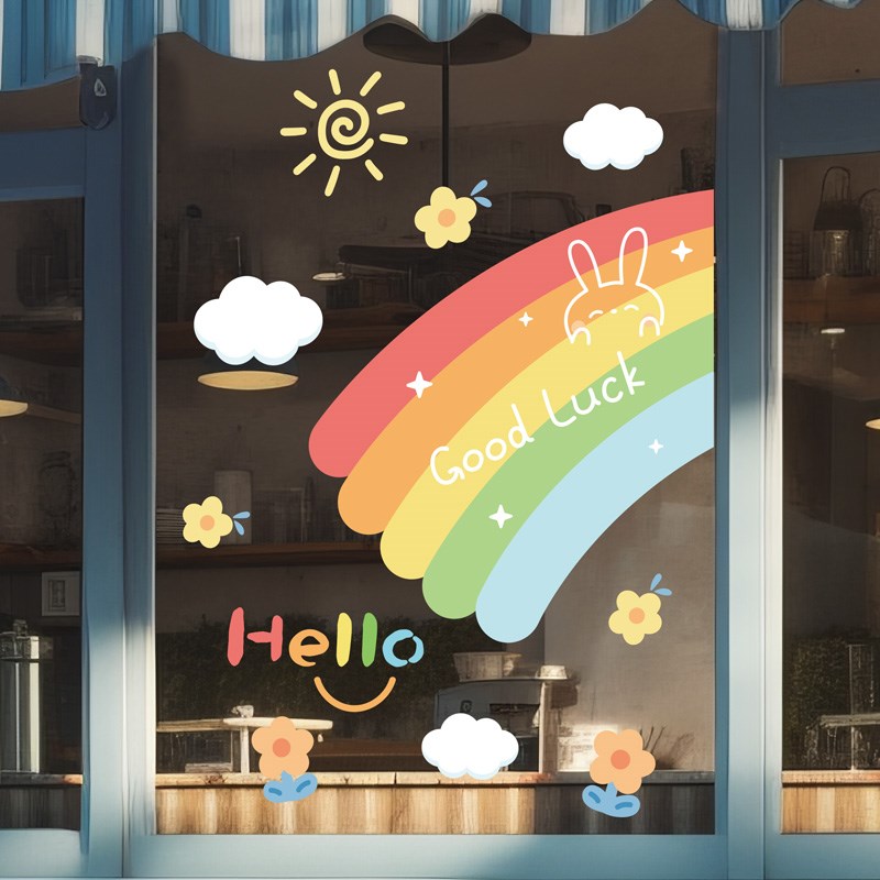 彩虹玻璃贴纸咖啡奶茶店橱窗装饰美化窗花贴网红创意无胶静电贴纸