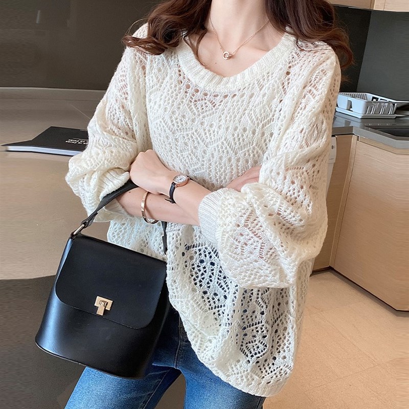 镂空针织衫女薄款宽松春装2023年新款马海毛毛衣外穿打底上衣罩衫