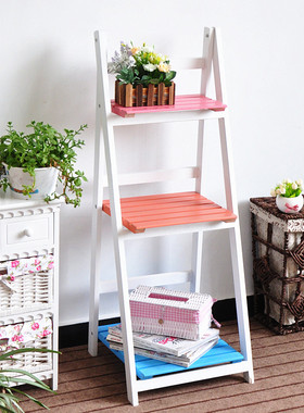 美式田园桌面木质三层花架多层花盆景架书架多肉花盆花架阶梯折叠