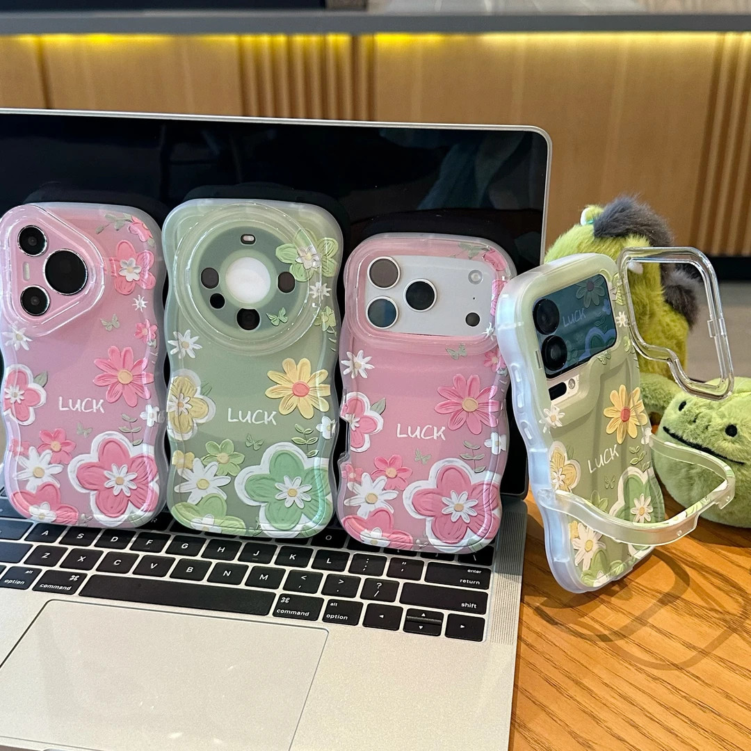 粉绿色油画花适用苹果17/16promax板凳双支架手机壳iPhone15/14软壳华为mate70新款oppo卡通小米17vivo保护套
