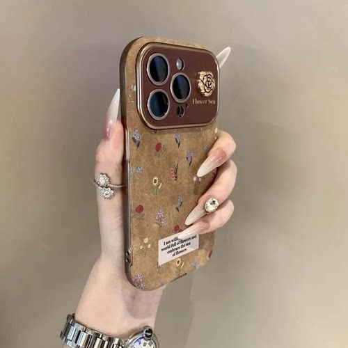 复古翻毛皮大视窗轻奢小碎花适用于17苹果17Air/16Plus手机壳iPhone15Promax/14Pro/13美拉德ip12pm/11保护套