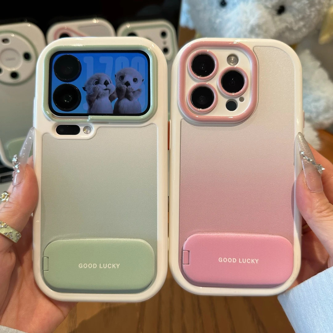 晕染粉英文支架适用于苹果17/16promax白色奶油手机壳iPhone15/14/13/12PRO防摔11华为P70vivo小米15oppo保护