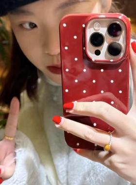 ins复古红波点适用于17苹果16promax/15plus/14pro手机壳ip17AIR新款苹果13果冻黑12pm/11保护套Xs/Xr/Xsmax