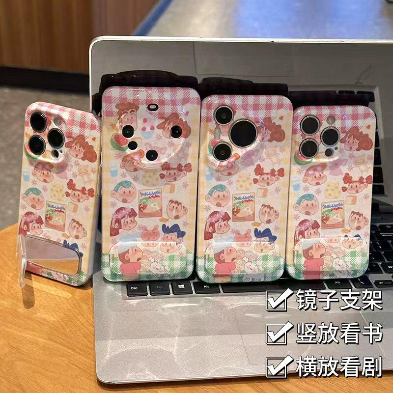 彩绘小新镜子支架适用于苹果17/16promax手机壳iPhone14/15Plus菲林硬壳P60华为mate70荣耀300vivo小米15oppo