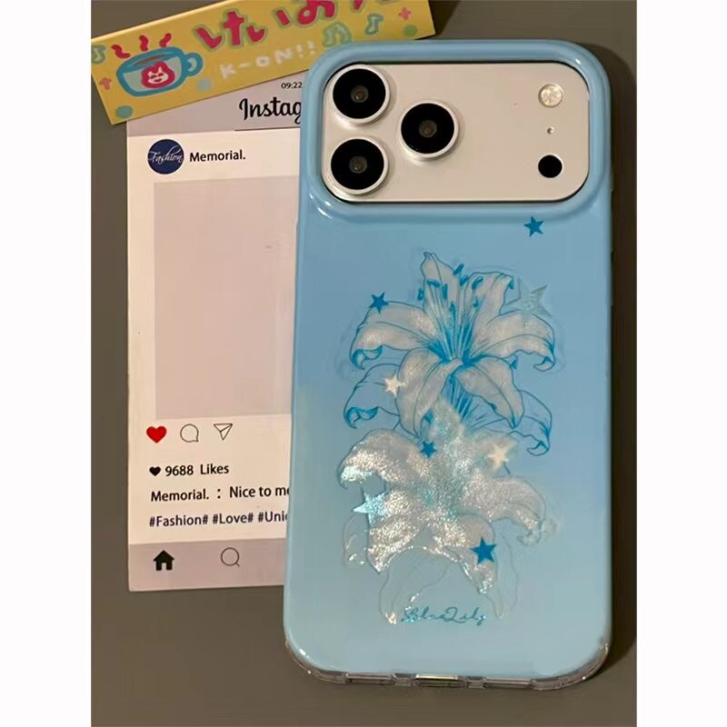 蓝色百合花星星适用于苹果17/16promax手机壳iPhone15PRO锡纸壳13pro/12新款苹果14promax个性11卡通16Plus套