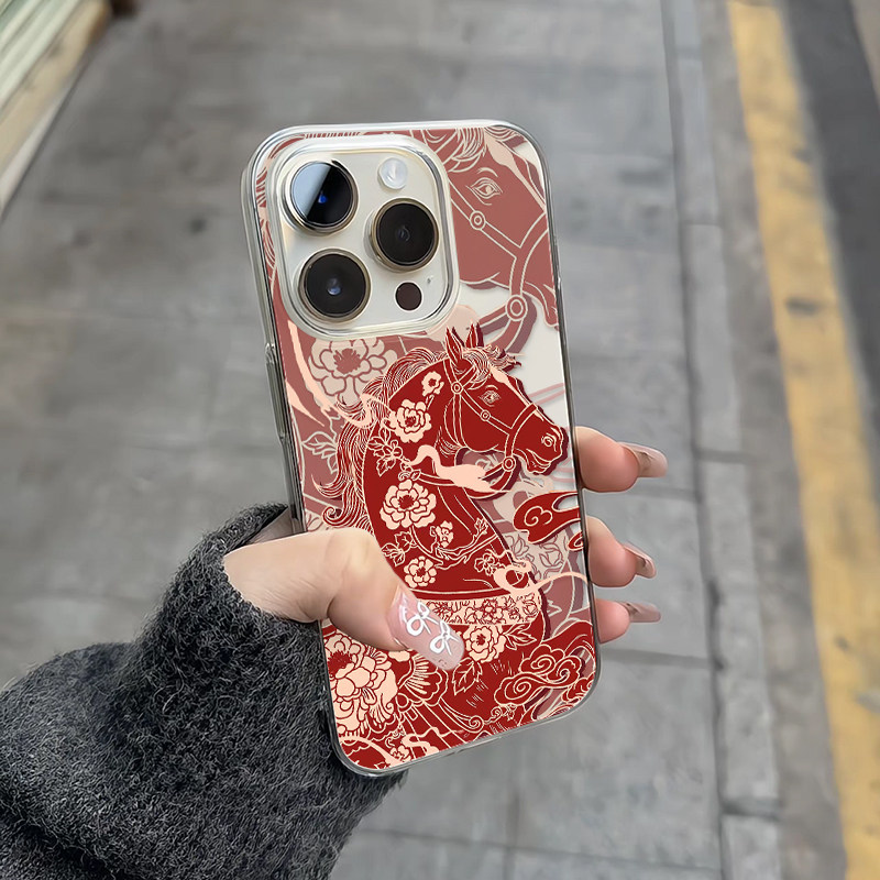 喜庆红色小马适用于17苹果/华为/小米/vivo/oppo手机壳iPhone17AIR/16Plus/15Promax/14Pro高透透明Mate70套