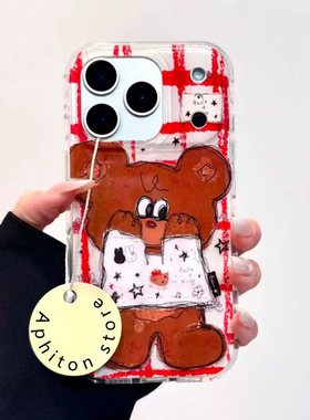 涂鸦捂脸小熊适用于17苹果/华为/小米/vivo/oppo手机壳iPhone17Air/16Plus/15Pro/14/13白色imd小米15红米K80