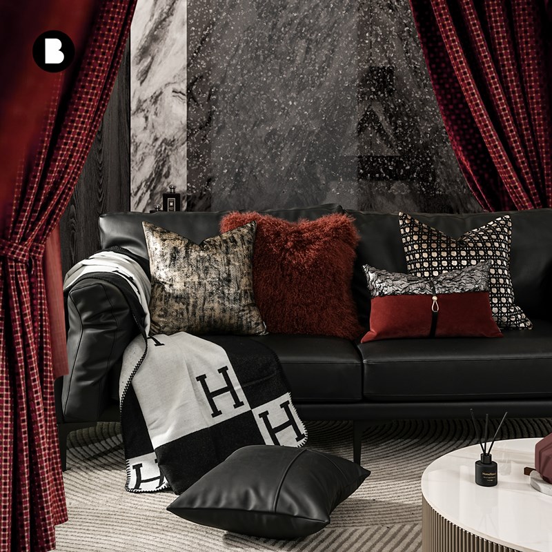 柏洛斯轻奢高级感黑色真皮沙发抱枕样板间酒店客厅配靠枕靠垫床上