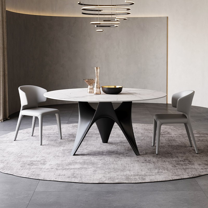 德利丰岩板餐桌内嵌式转盘设计师大平层别墅家用大圆桌餐桌椅组合