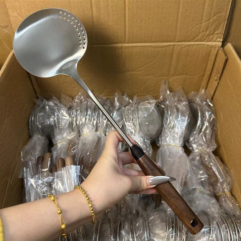 创意304不锈钢炒菜铲子胡桃木柄厨师炒勺家用长柄锅铲勺子
