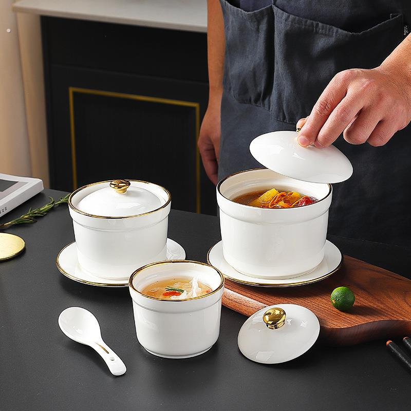 家用骨瓷防水炖燕窝锅带盖小陶瓷蒸蛋汤锅白瓷一人汤锅瓦锅