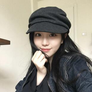 日系山本风黑色褶皱贝雷帽女秋冬季显脸小马术帽复古云朵八角帽子