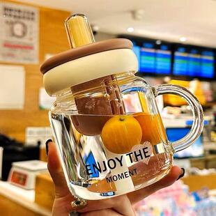 茶水分离泡茶杯子2025新款高硼硅玻璃杯带把手高颜值女生吸管水杯