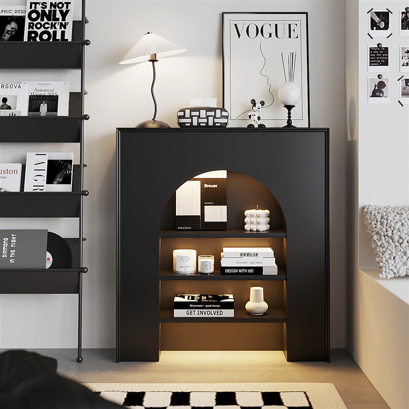 法式带灯假壁炉装饰柜黑色简约边柜入户J靠墙玄关展示柜置物架背