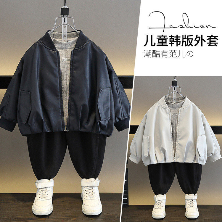 男童皮衣外套新款洋气儿童PU皮夹克冬季中小童洋气外套宽松潮