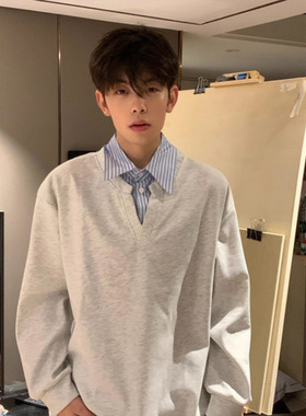 灰色假两件拼接卫衣男春秋款痞帅长袖T恤美式复古POLO衫潮牌