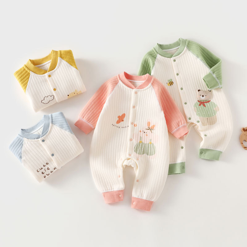 无骨婴儿秋冬连体保暖三层夹棉中厚新生儿哈衣爬服卡通宝宝空气棉