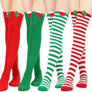 新款圣诞树长袜过膝袜女派对服饰袜子甜美可爱卡通条纹圣诞