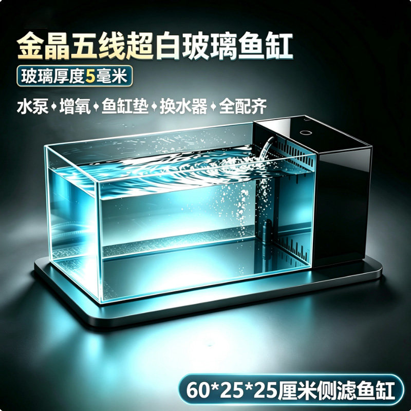 新款超白侧滤金晶五线溪流缸客厅家用小型客厅桌面过滤制氧一体机