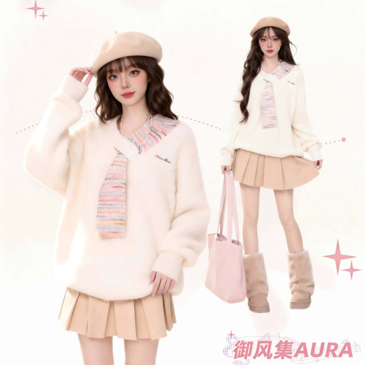 AURA可爱慵懒风彩织领带毛衣女糯毛围脖拼接设计秋冬甜美针织上衣